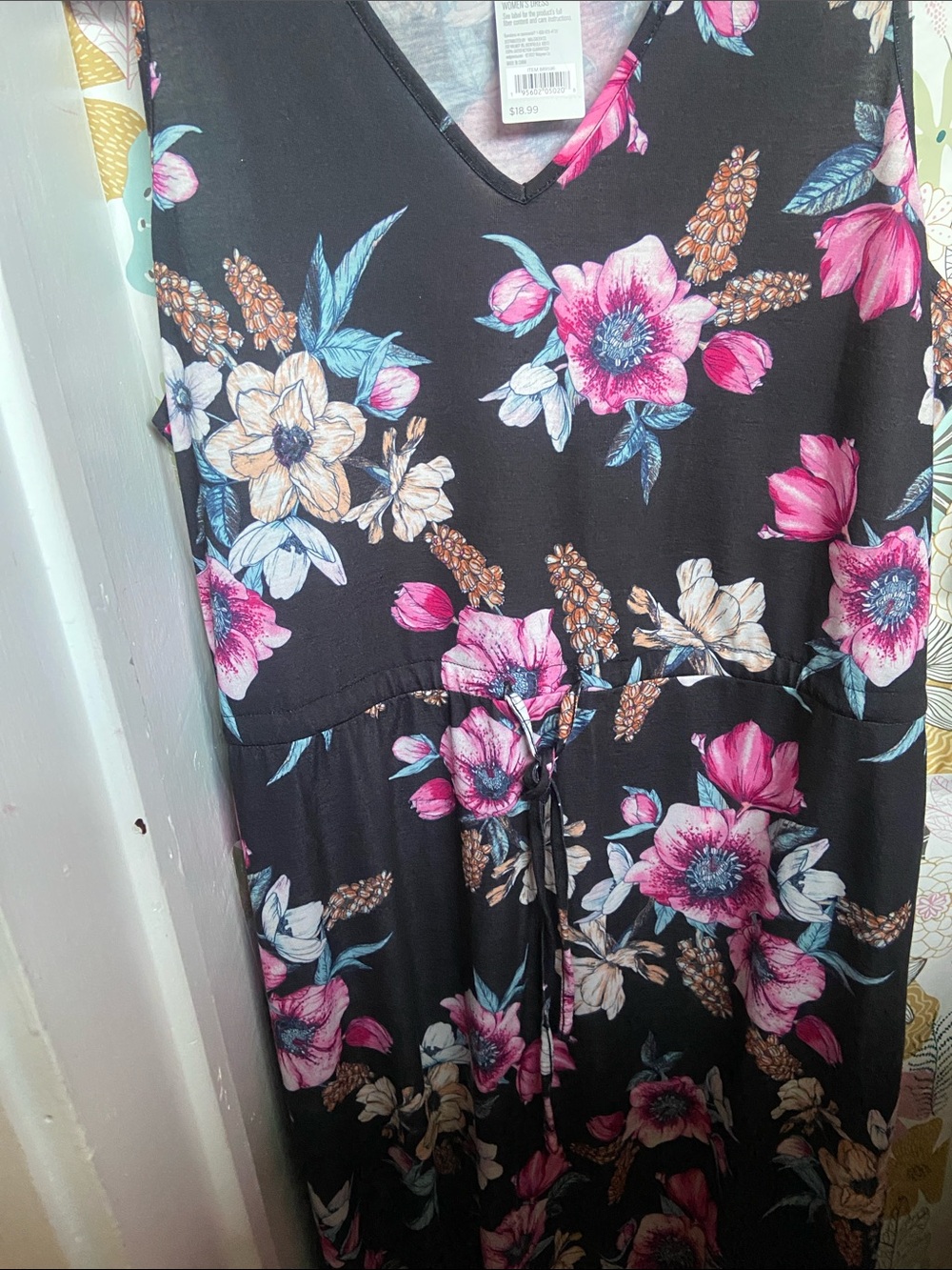 NWT West Loop Black Floral V-Neck Maxi Dress with Pink & Blue Blooms Size XL